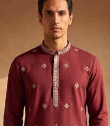Mens silk blend maroon solid embroidered kurta with trousers