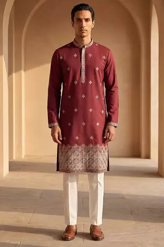 Mens silk blend maroon solid embroidered kurta with trousers