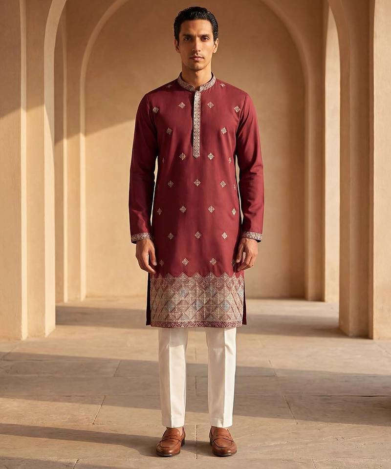 Mens silk blend maroon solid embroidered kurta with trousers
