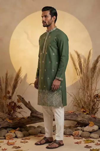 Mens silk blend green solid embroidered kurta with trousers