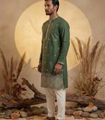 Mens silk blend green solid embroidered kurta with trousers