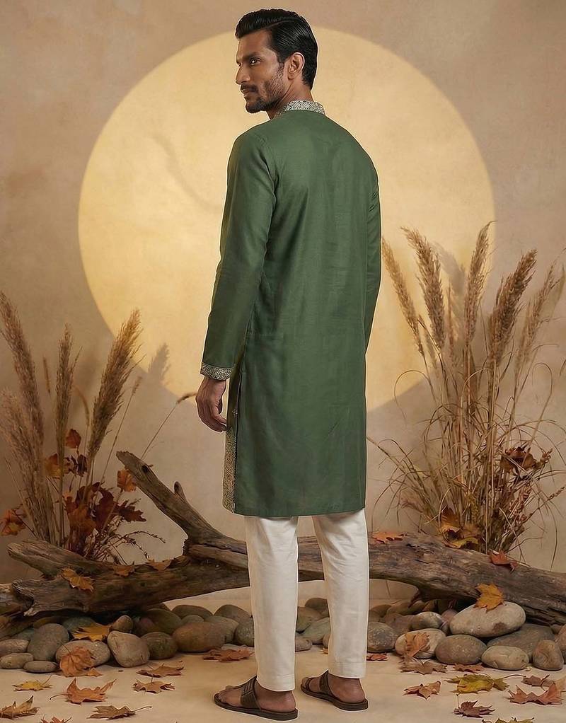 Mens silk blend green solid embroidered kurta with trousers
