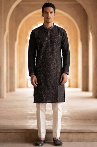 Mens silk blend black solid embroidered kurta with trousers