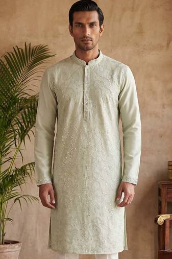 Mens silk blend green solid embroidered kurta with trousers