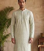 Mens silk blend green solid embroidered kurta with trousers