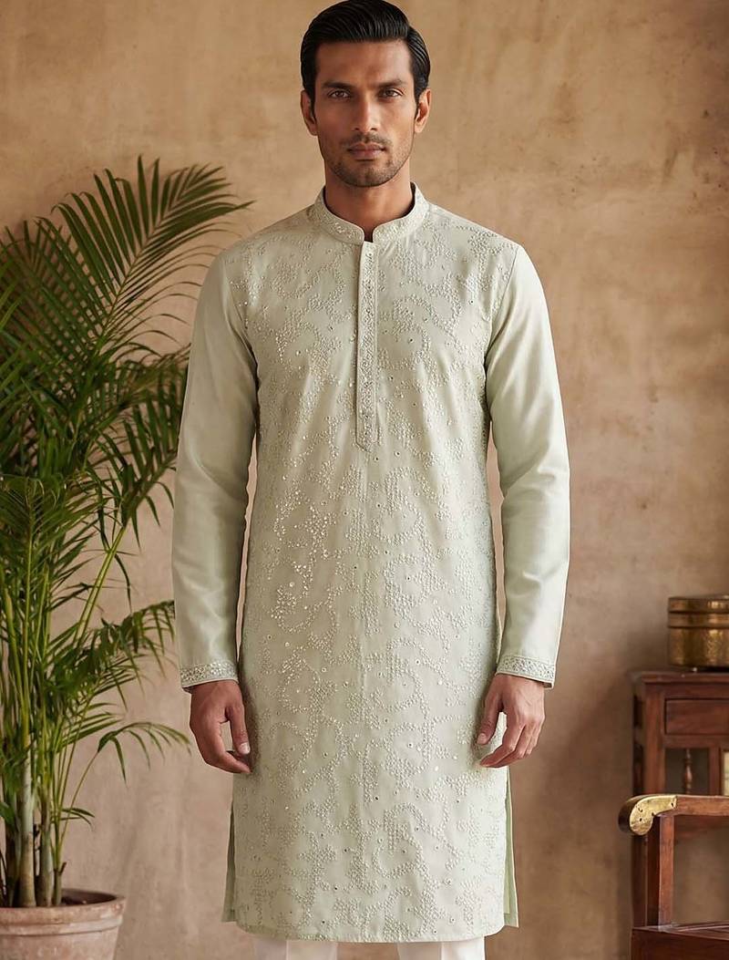 Mens silk blend green solid embroidered kurta with trousers