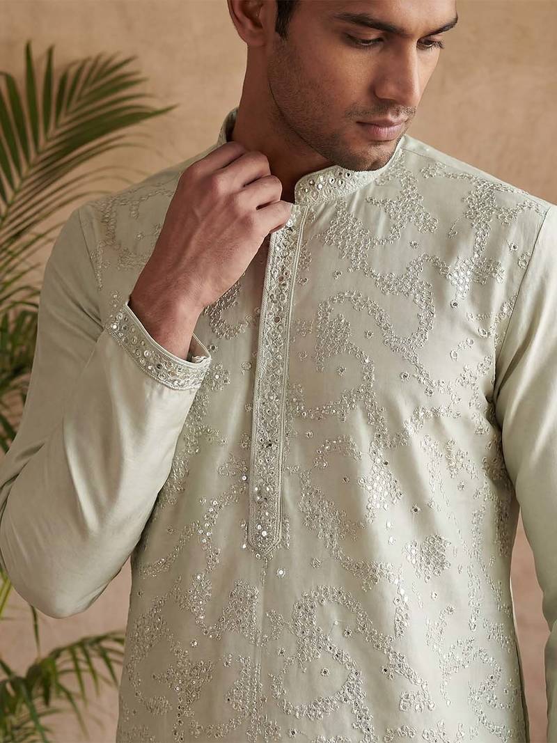 Mens silk blend green solid embroidered kurta with trousers