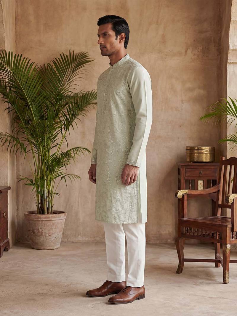 Mens silk blend green solid embroidered kurta with trousers
