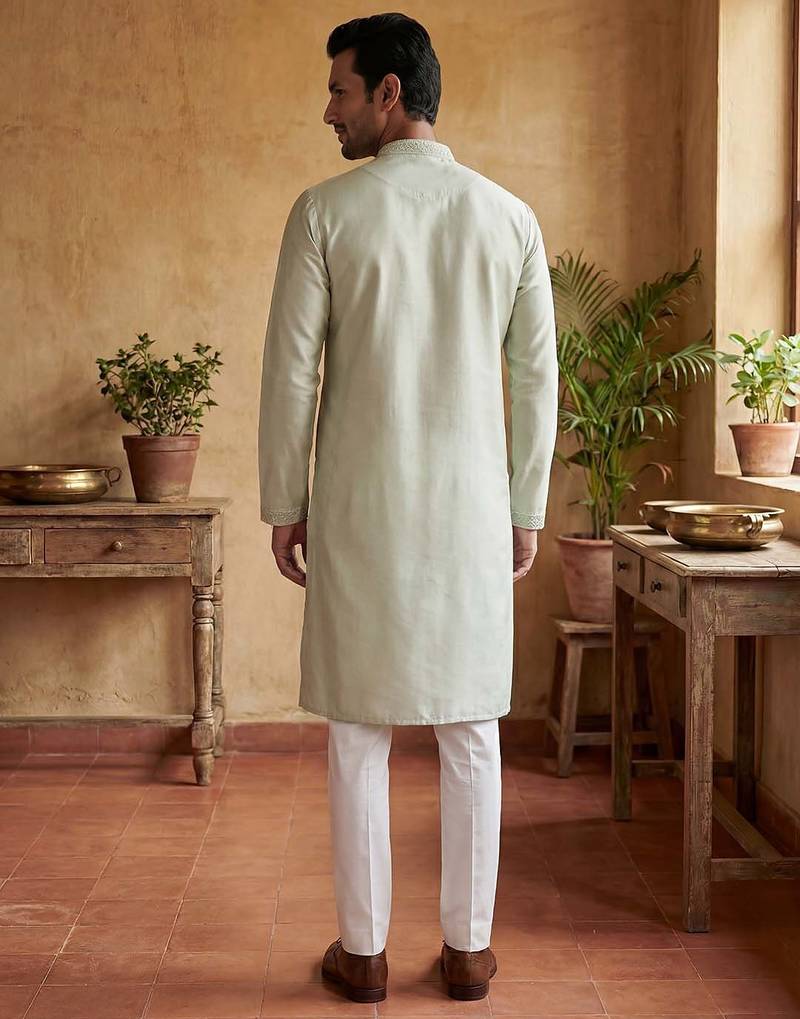 Mens silk blend green solid embroidered kurta with trousers