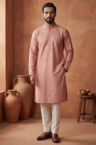 Mens silk blend peach solid embroidered kurta with trousers