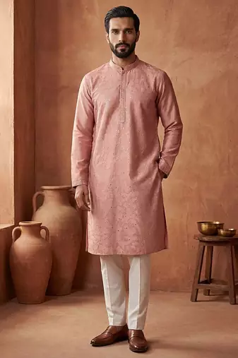 Mens silk blend peach solid embroidered kurta with trousers