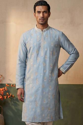 Mens silk blend blue solid embroidered kurta with trousers