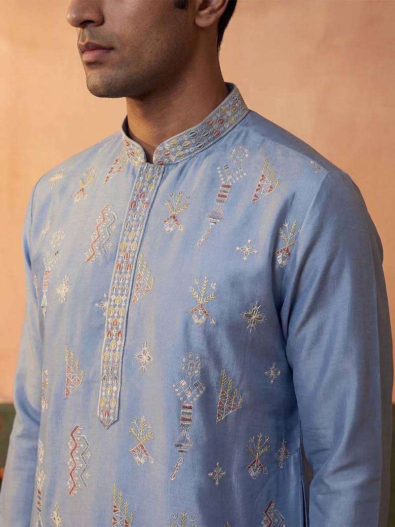 Mens silk blend blue solid embroidered kurta with trousers