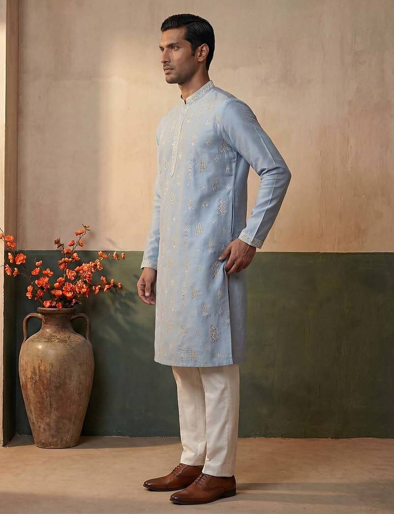 Mens silk blend blue solid embroidered kurta with trousers