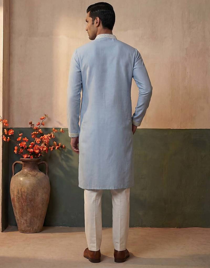 Mens silk blend blue solid embroidered kurta with trousers