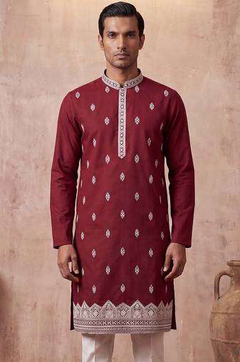 Mens silk blend maroon solid embroidered kurta with trousers