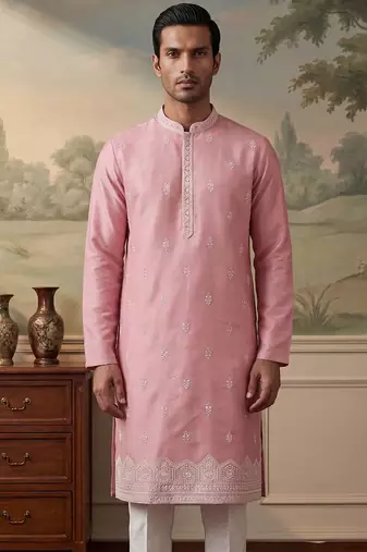 Mens silk blend pink solid embroidered kurta with trousers