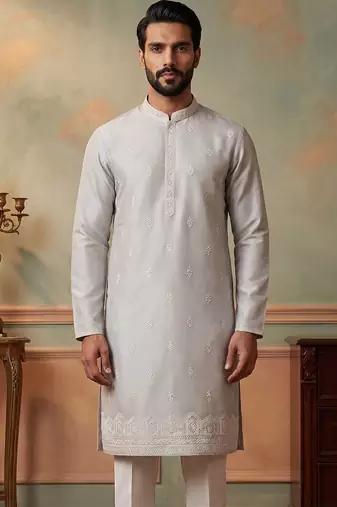 Mens silk blend silver solid embroidered kurta with trousers
