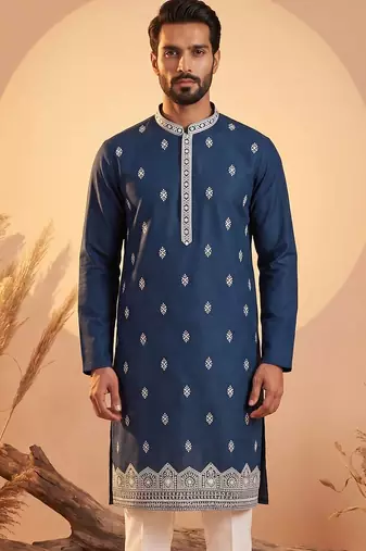 Mens silk blend blue solid embroidered kurta with trousers