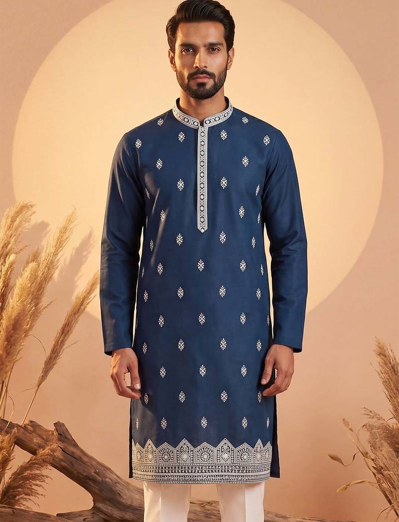 Mens silk blend blue solid embroidered kurta with trousers