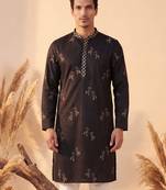 Mens black silk blend solid embroidered kurta with trousers