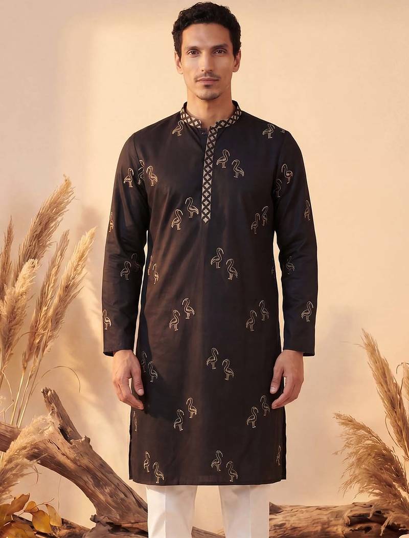 Mens black silk blend solid embroidered kurta with trousers