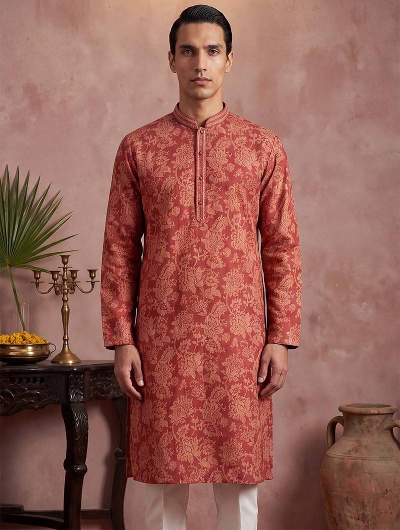 Mens red silk blend floral printed kurta with trousers