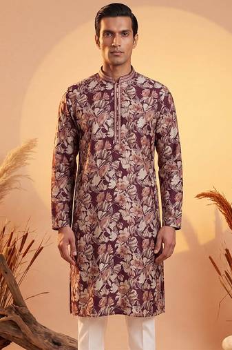 Mens purple viscose rayon floral printed kurta with trousers