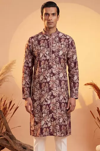 Mens purple viscose rayon floral printed kurta with trousers
