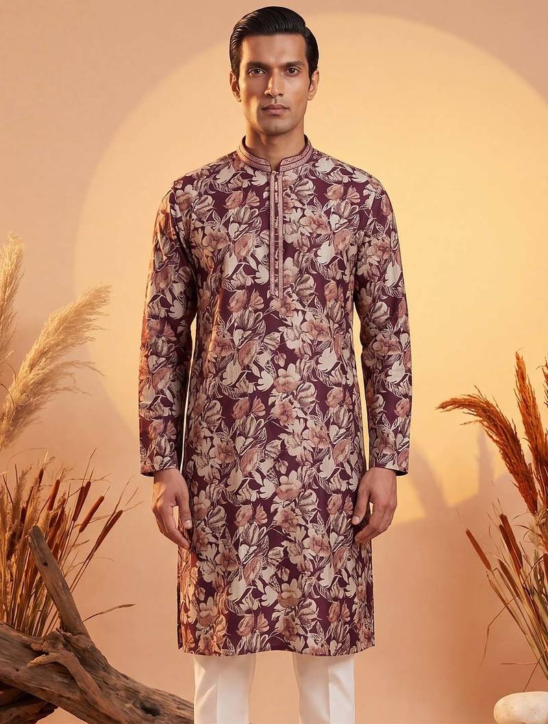 Mens purple viscose rayon floral printed kurta with trousers