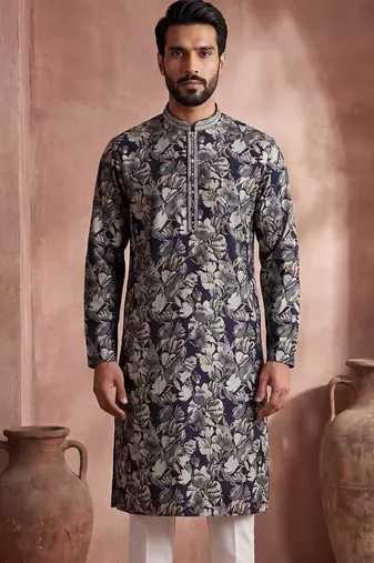 Mens blue viscose rayon floral printed kurta with trousers