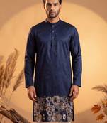 Mens blue silk blend solid embroidered kurta with trousers