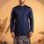 Mens blue silk blend solid embroidered kurta with trousers