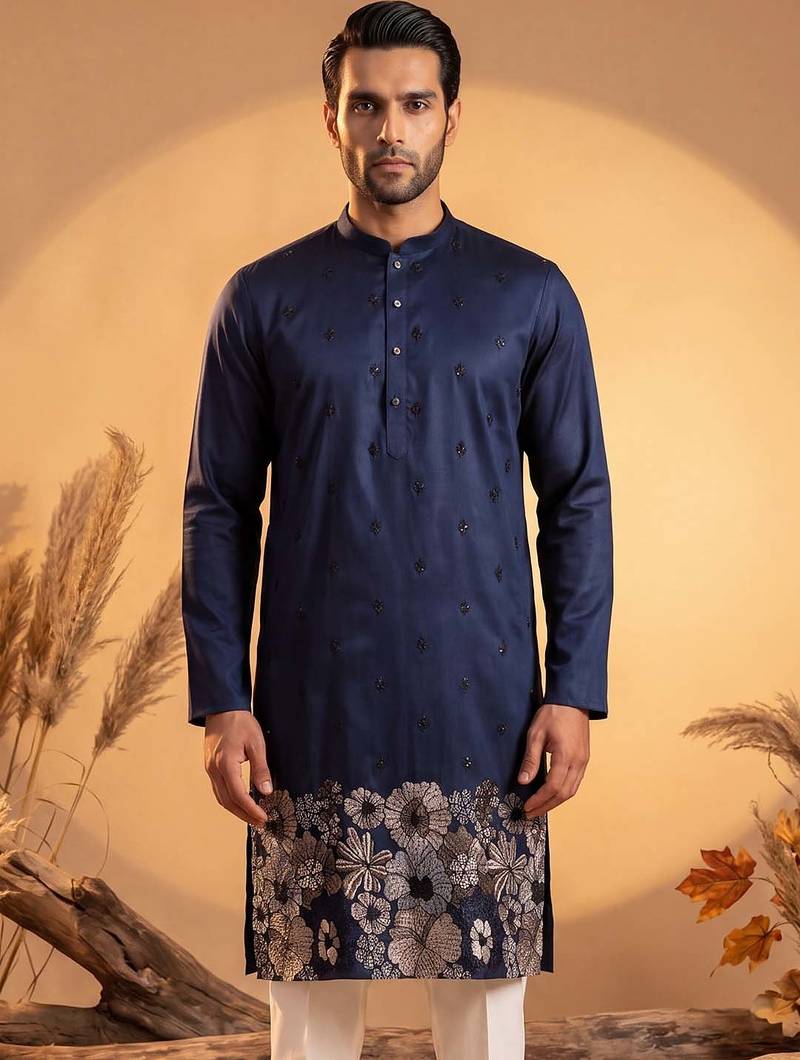 Mens blue silk blend solid embroidered kurta with trousers