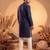 Mens blue silk blend solid embroidered kurta with trousers