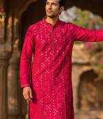Mens pink silk blend solid embroidered kurta with trousers
