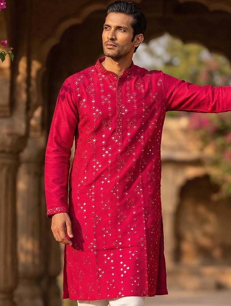 Mens pink silk blend solid embroidered kurta with trousers
