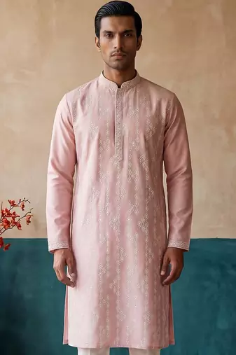 Mens pink silk blend solid embroidered kurta with trousers