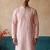 Mens pink silk blend solid embroidered kurta with trousers