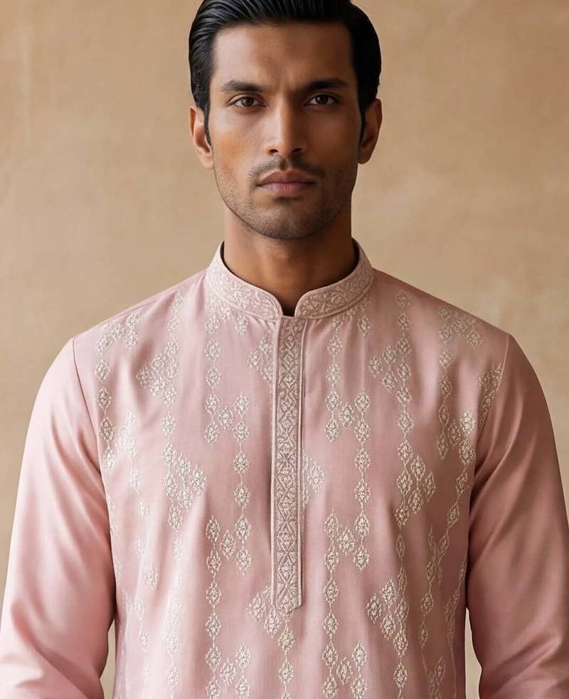 Mens pink silk blend solid embroidered kurta with trousers