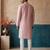 Mens pink silk blend solid embroidered kurta with trousers