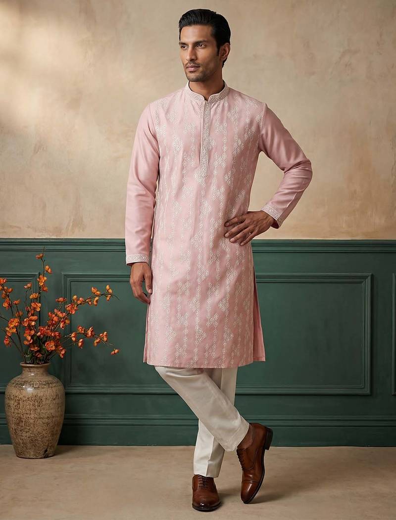 Mens pink silk blend solid embroidered kurta with trousers