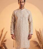 Mens beige silk blend solid embroidered kurta with trousers