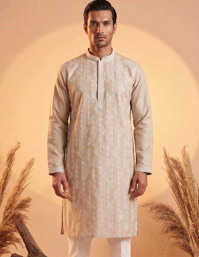 Mens beige silk blend solid embroidered kurta with trousers