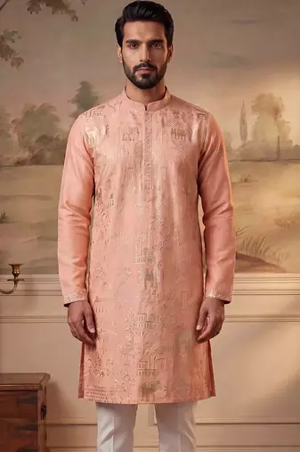 Mens peach viscose rayon solid embroidered kurta with trousers