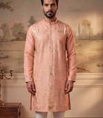 Mens peach viscose rayon solid embroidered kurta with trousers