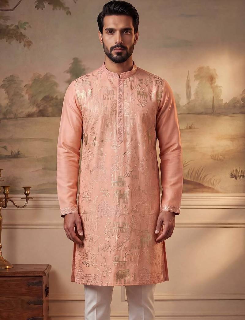 Mens peach viscose rayon solid embroidered kurta with trousers
