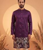 Mens violet silk blend solid embroidered kurta with trousers