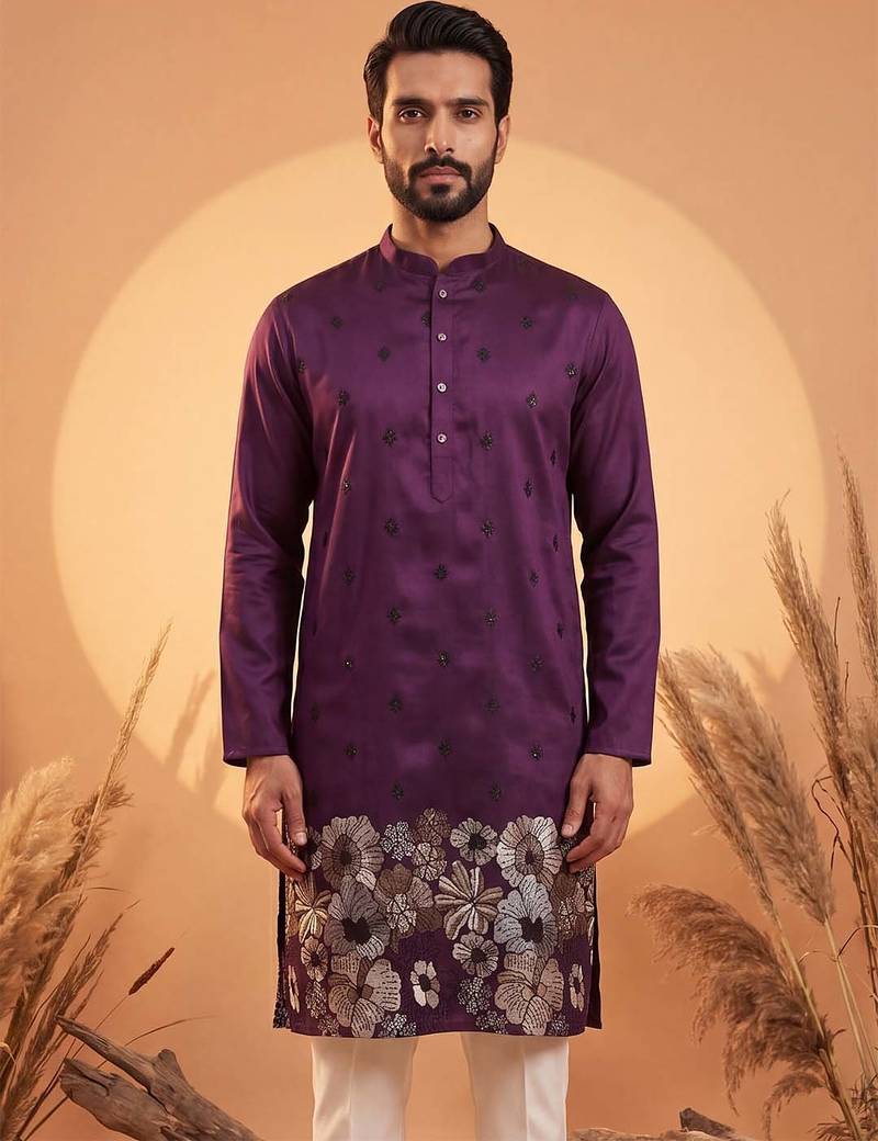 Mens violet silk blend solid embroidered kurta with trousers
