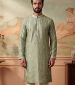 Mens green silk blend solid embroidered kurta with trousers